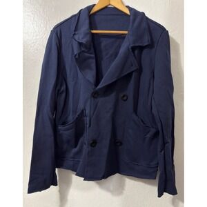 Navy‎ Blue Cotton Blend Blazer Pea Coat Jacket Raw Hem Casual Style Women's S